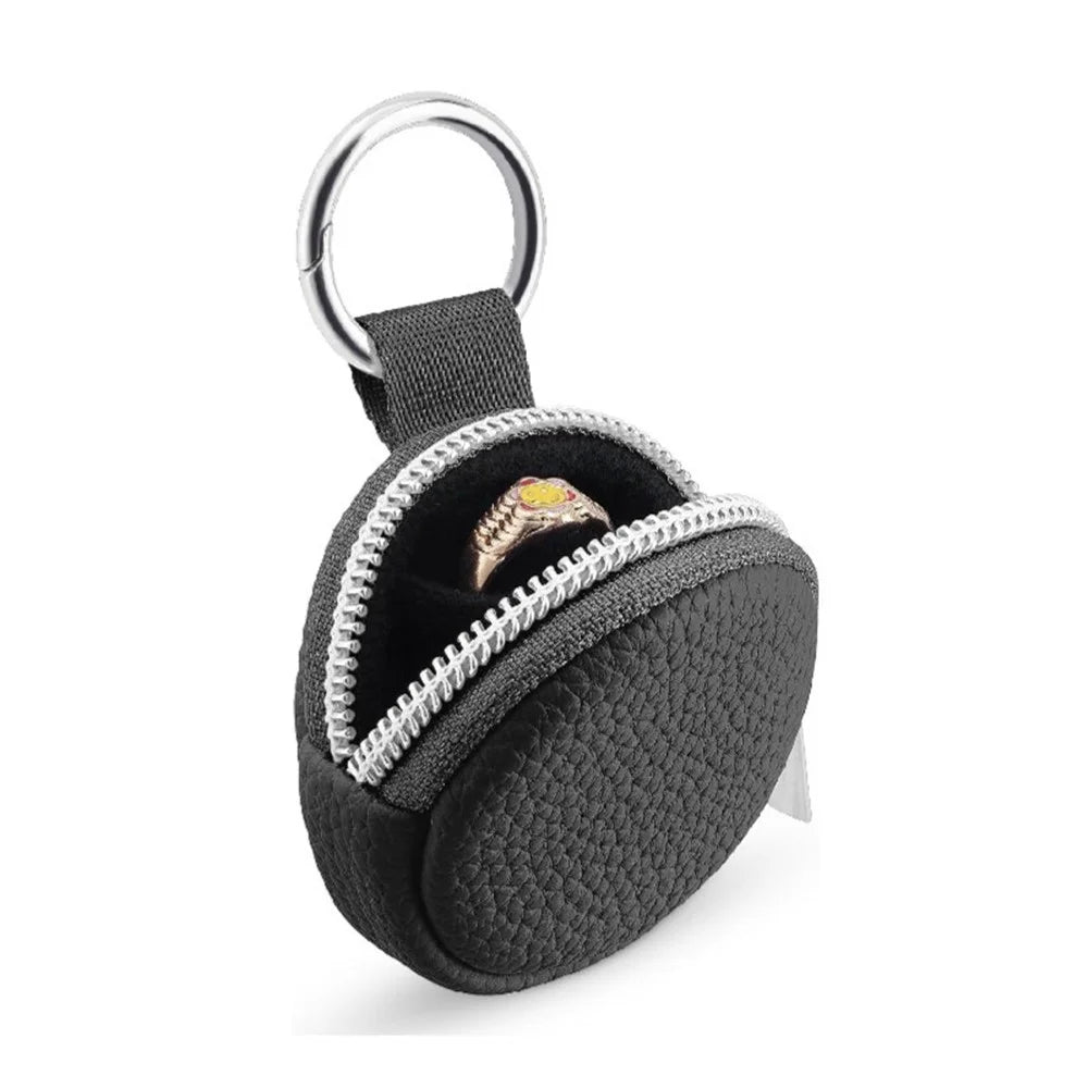 Portable Mini Jewelry Box Travel Organizer Case Ring Earring Storage Pouch with Keychain Hook - Black  /  PU - 1
