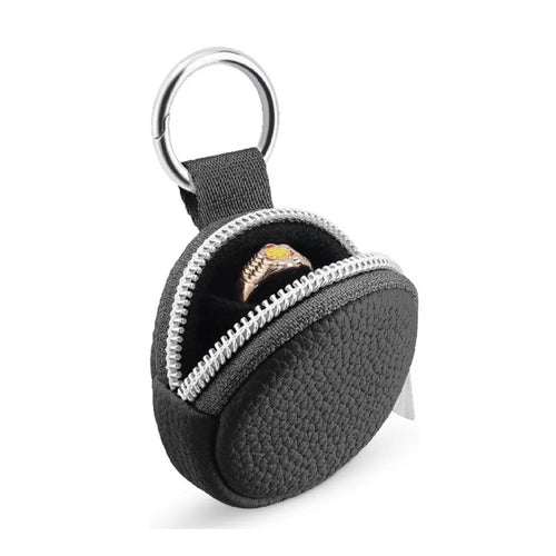 Portable Mini Jewelry Box Travel Organizer Case Ring Earring Storage Pouch with Keychain Hook - Black  /  PU - 1