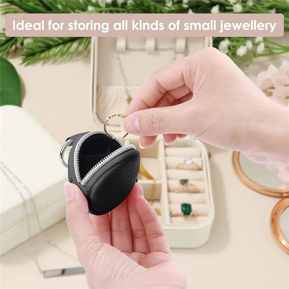 Portable Mini Jewelry Box Travel Organizer Case Ring Earring Storage Pouch with Keychain Hook - Black  /  PU - 3