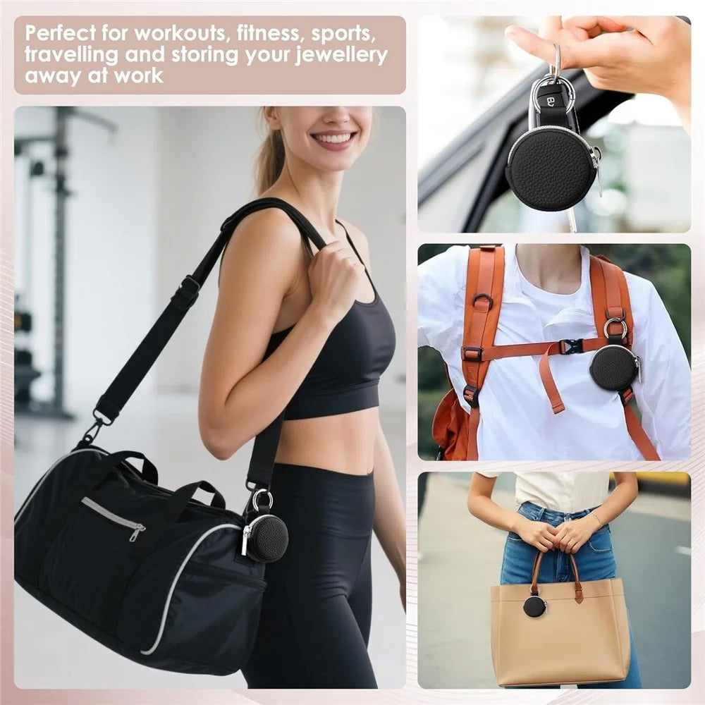 Portable Mini Jewelry Box Travel Organizer Case Ring Earring Storage Pouch with Keychain Hook - Black  /  PU - 5