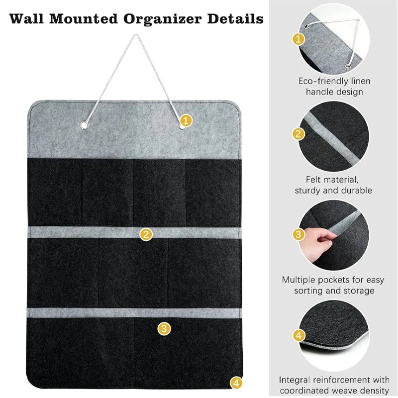 Felt Wall Hanging Storage Organizer 12 Pockets Multi-functional Door Hanging Bag for Bedroom Living Room - Gray - 2