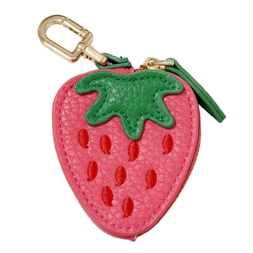 Cartoon Fruit-Shaped Mini Coin Purse Portable PU Leather Small Bag with Hook for Keys Money - Strawberry - 1