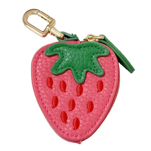 Cartoon Fruit-Shaped Mini Coin Purse Portable PU Leather Small Bag with Hook for Keys Money - Strawberry - 1