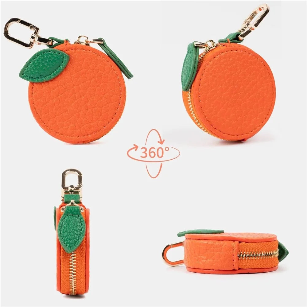 Cartoon Fruit-Shaped Mini Coin Purse Portable PU Leather Small Bag with Hook for Keys Money - Strawberry - 5