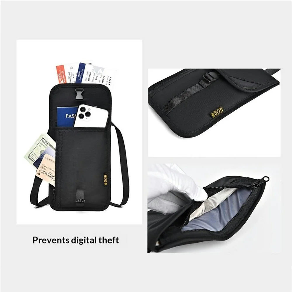 RFID Blocking Travel Pouch Neck Strap Bag Multi-Function Passport Holder Waterproof Certificate Wallet for Travel Business - Black - 2