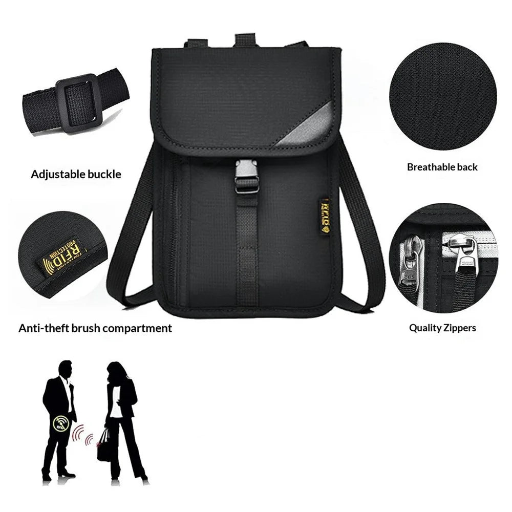 RFID Blocking Travel Pouch Neck Strap Bag Multi-Function Passport Holder Waterproof Certificate Wallet for Travel Business - Black - 5