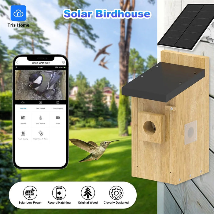 Solar Birdhouse with Camera , 4MP HD 130° PIR Motion Detection Night Vision Monitor for Bird Watching (without TF Card) - Wood Color - 2