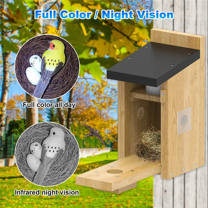 Solar Birdhouse with Camera , 4MP HD 130° PIR Motion Detection Night Vision Monitor for Bird Watching (without TF Card) - Wood Color - 3