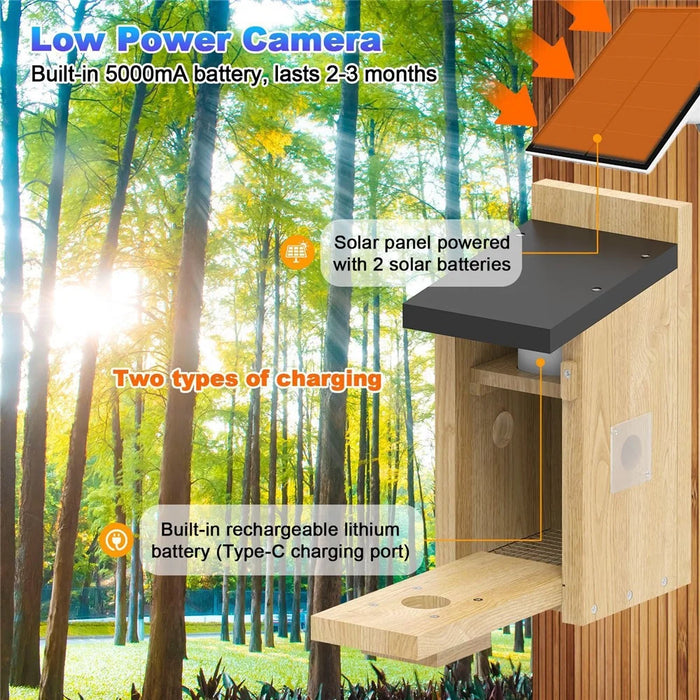 Solar Birdhouse with Camera , 4MP HD 130° PIR Motion Detection Night Vision Monitor for Bird Watching (without TF Card) - Wood Color - 4