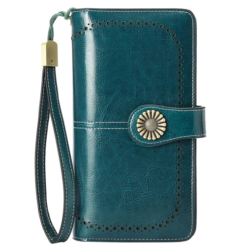 5162 Genuine Cowhide Leather Women Wallet Large Capacity Money Purse Lady Clutch Bag Wristlet Handbag with Hand Strap - Peacock Blue - 1