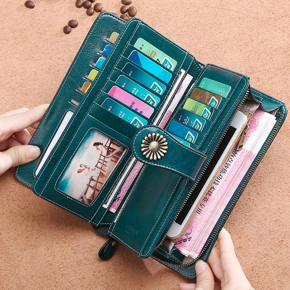 5162 Genuine Cowhide Leather Women Wallet Large Capacity Money Purse Lady Clutch Bag Wristlet Handbag with Hand Strap - Peacock Blue - 2