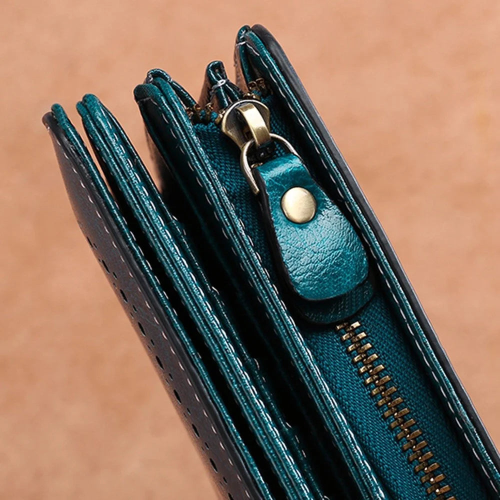 5162 Genuine Cowhide Leather Women Wallet Large Capacity Money Purse Lady Clutch Bag Wristlet Handbag with Hand Strap - Peacock Blue - 4