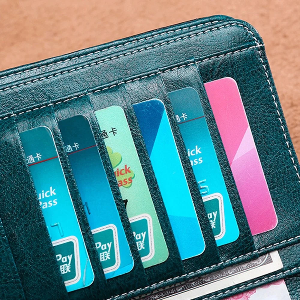 5162 Genuine Cowhide Leather Women Wallet Large Capacity Money Purse Lady Clutch Bag Wristlet Handbag with Hand Strap - Peacock Blue - 5