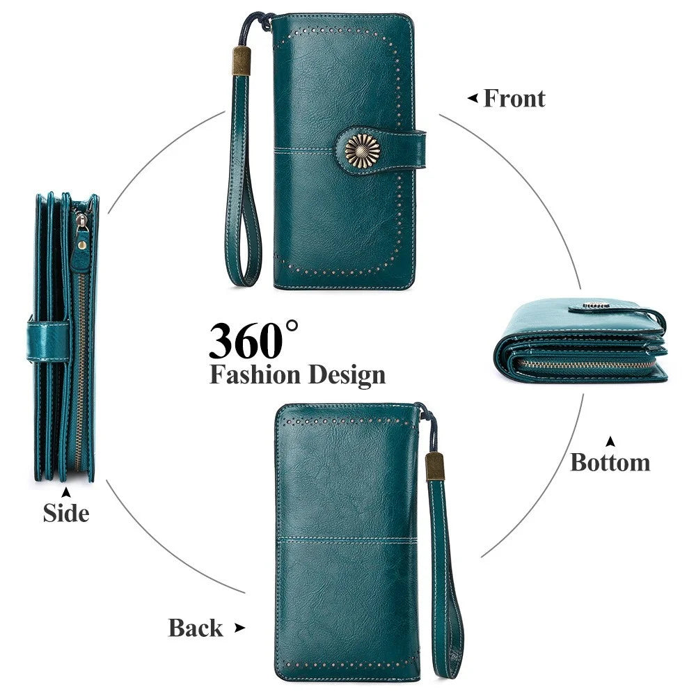 5162 Genuine Cowhide Leather Women Wallet Large Capacity Money Purse Lady Clutch Bag Wristlet Handbag with Hand Strap - Peacock Blue - 6