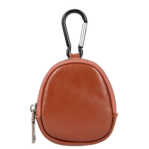 8061 Mini Round Zipper Coin Purse with Carabiner Hook Card Holder Bag Leather Small Pouch for Keys Coins Earphones - Brown - 1