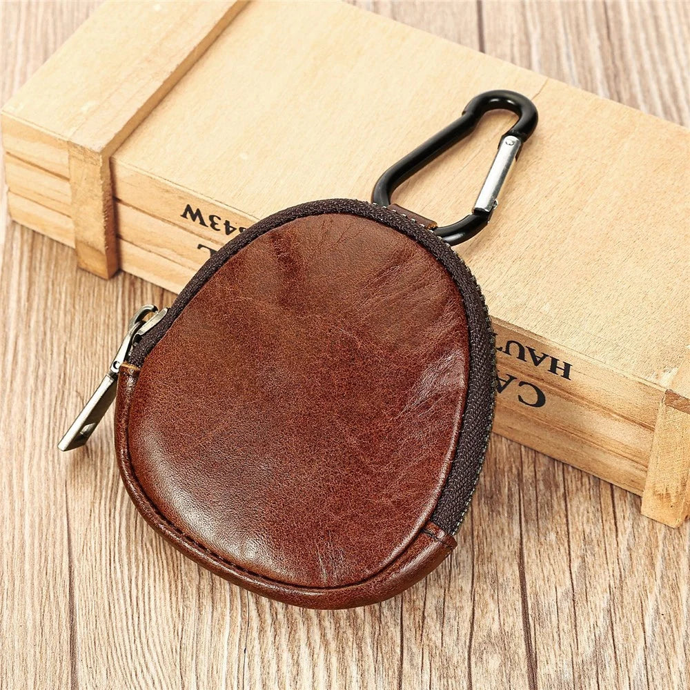 8061 Mini Round Zipper Coin Purse with Carabiner Hook Card Holder Bag Leather Small Pouch for Keys Coins Earphones - Brown - 2