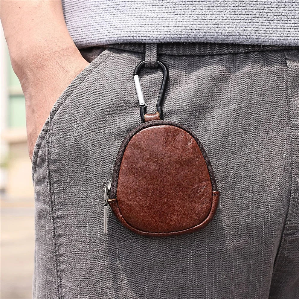 8061 Mini Round Zipper Coin Purse with Carabiner Hook Card Holder Bag Leather Small Pouch for Keys Coins Earphones - Brown - 3