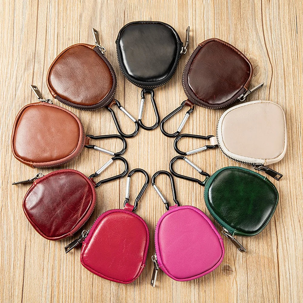 8061 Mini Round Zipper Coin Purse with Carabiner Hook Card Holder Bag Leather Small Pouch for Keys Coins Earphones - Brown - 4