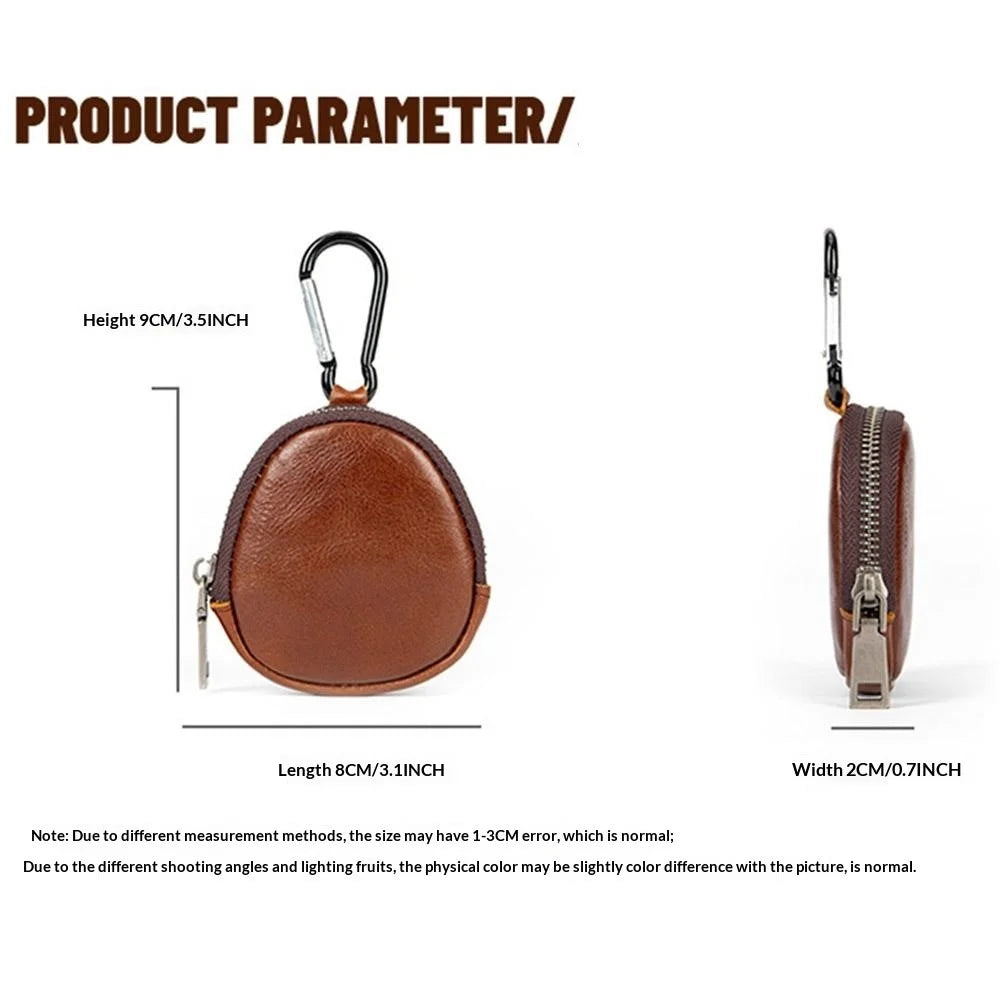 8061 Mini Round Zipper Coin Purse with Carabiner Hook Card Holder Bag Leather Small Pouch for Keys Coins Earphones - Brown - 5
