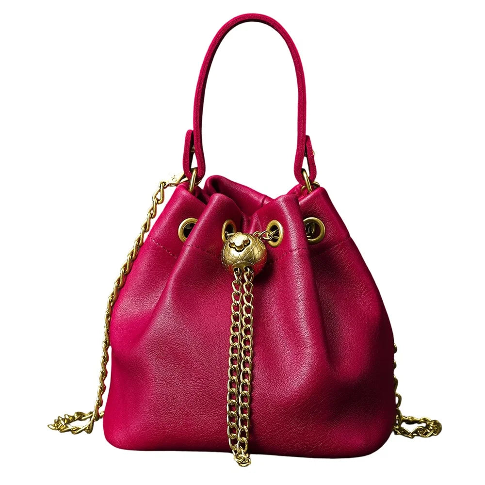 7628 Mini Bucket Bag Cowhide Leather Drawstring Crossbody Handbag with Chain Shoulder Strap for Women - Red - 1