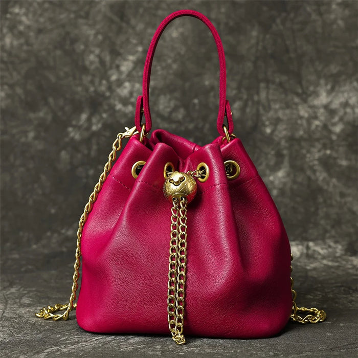 7628 Mini Bucket Bag Cowhide Leather Drawstring Crossbody Handbag with Chain Shoulder Strap for Women - Red - 2