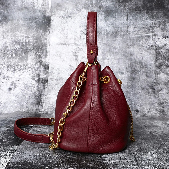7628 Mini Bucket Bag Cowhide Leather Drawstring Crossbody Handbag with Chain Shoulder Strap for Women - Red - 3
