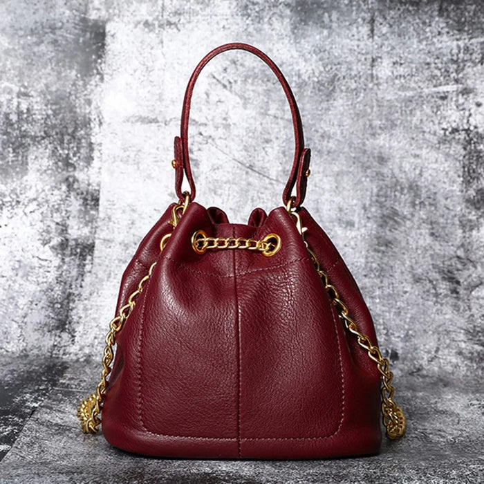 7628 Mini Bucket Bag Cowhide Leather Drawstring Crossbody Handbag with Chain Shoulder Strap for Women - Red - 4