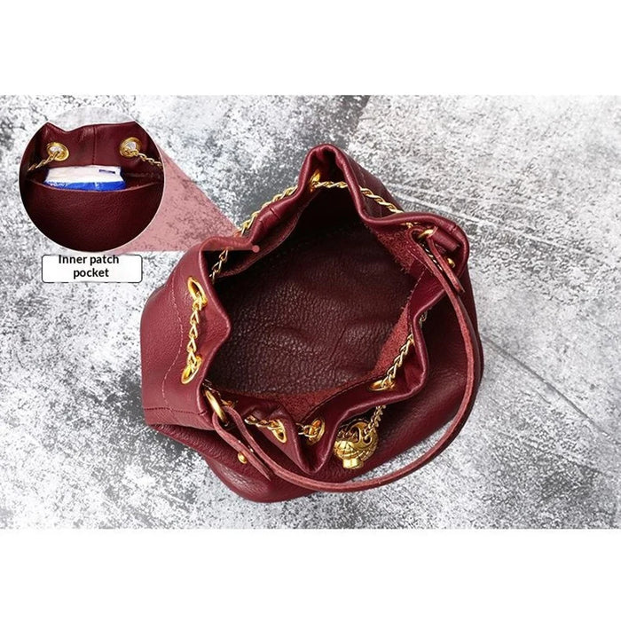 7628 Mini Bucket Bag Cowhide Leather Drawstring Crossbody Handbag with Chain Shoulder Strap for Women - Red - 5
