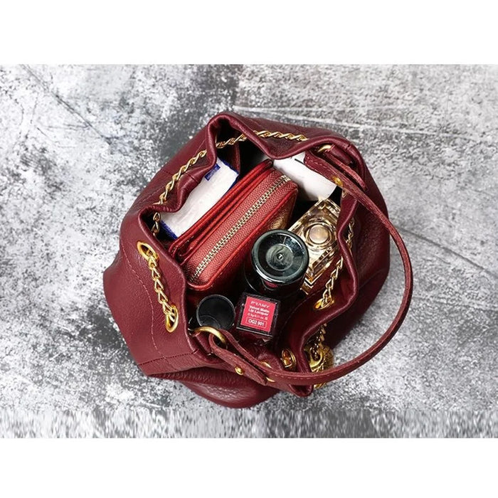 7628 Mini Bucket Bag Cowhide Leather Drawstring Crossbody Handbag with Chain Shoulder Strap for Women - Red - 6