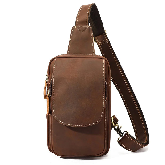 X9270 Chest Bag Vintage Crazy Horse Genuine Cow Leather Shoulder Bag for Travel Daily - Coffee - 1