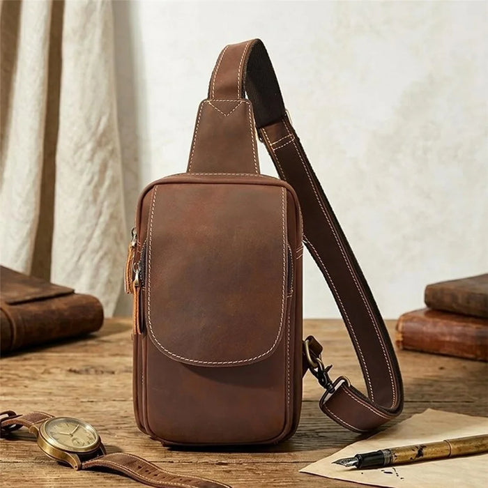 X9270 Chest Bag Vintage Crazy Horse Genuine Cow Leather Shoulder Bag for Travel Daily - Coffee - 3