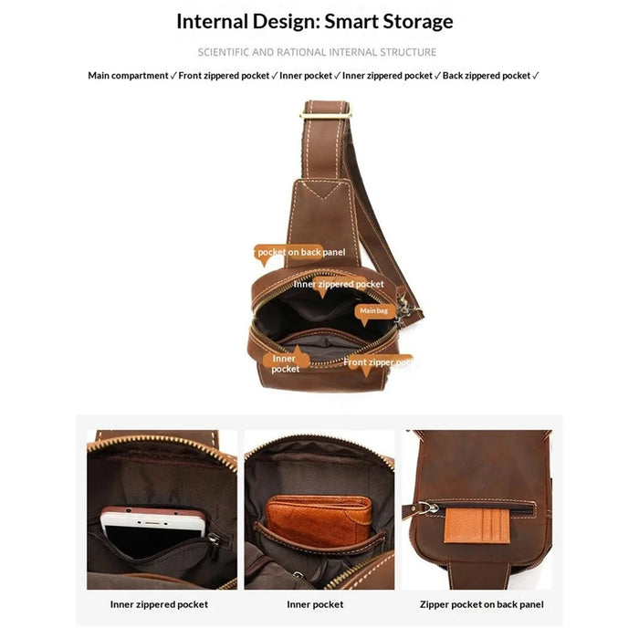 X9270 Chest Bag Vintage Crazy Horse Genuine Cow Leather Shoulder Bag for Travel Daily - Coffee - 4