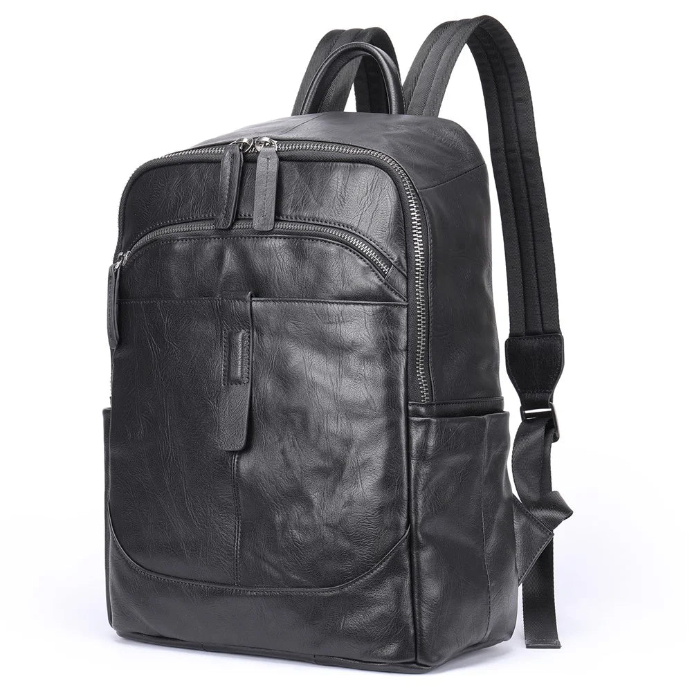 9197 Business Casual Backpack for 14 inch Laptop Genuine Cow Leather Multiple Compartments Computer Work Bag - Black - 1