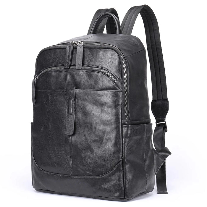 9197 Business Casual Backpack for 14 inch Laptop Genuine Cow Leather Multiple Compartments Computer Work Bag - Black - 1