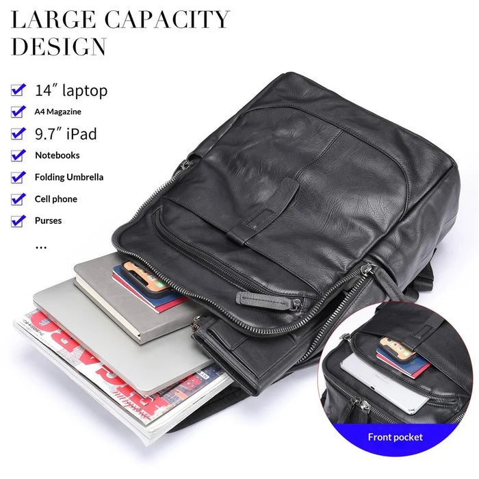 9197 Business Casual Backpack for 14 inch Laptop Genuine Cow Leather Multiple Compartments Computer Work Bag - Black - 2