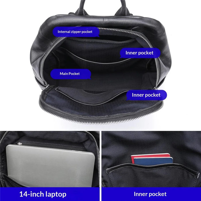 9197 Business Casual Backpack for 14 inch Laptop Genuine Cow Leather Multiple Compartments Computer Work Bag - Black - 3
