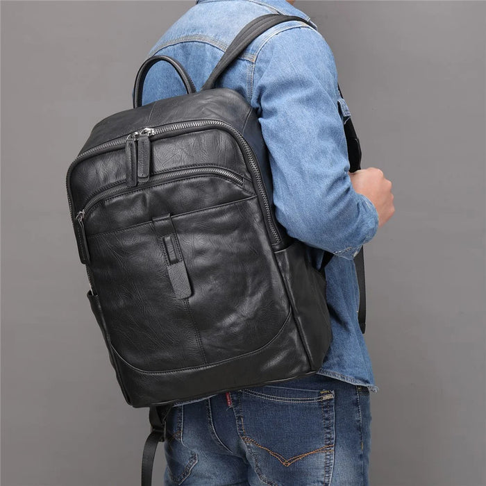9197 Business Casual Backpack for 14 inch Laptop Genuine Cow Leather Multiple Compartments Computer Work Bag - Black - 5