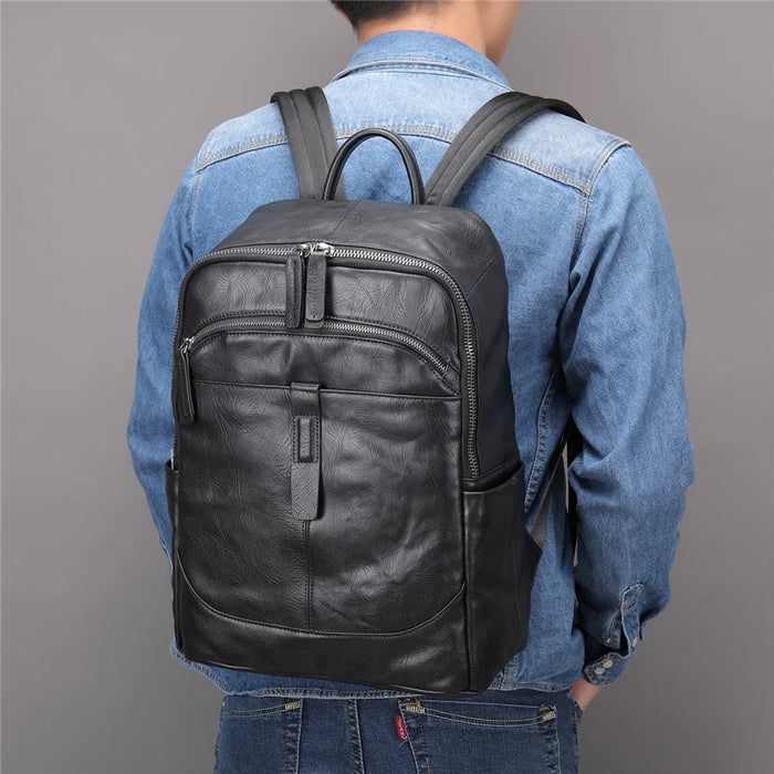 9197 Business Casual Backpack for 14 inch Laptop Genuine Cow Leather Multiple Compartments Computer Work Bag - Black - 6