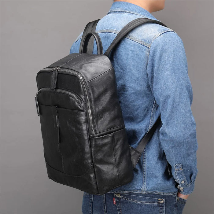 9197 Business Casual Backpack for 14 inch Laptop Genuine Cow Leather Multiple Compartments Computer Work Bag - Black - 7