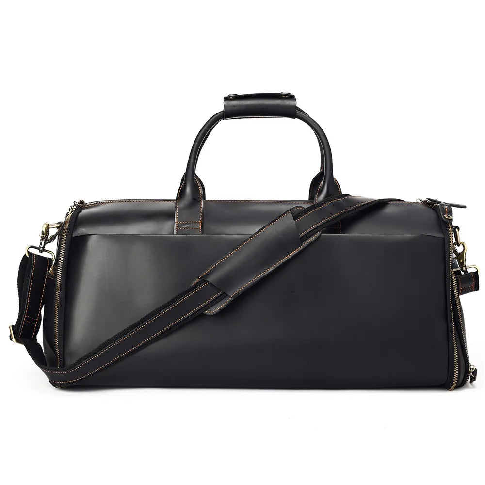 4026 Duffel Bag Genuine Cow Leather Travel Bag Large Capacity Sports Gym Bag with Shoulder Strap - Black - 1