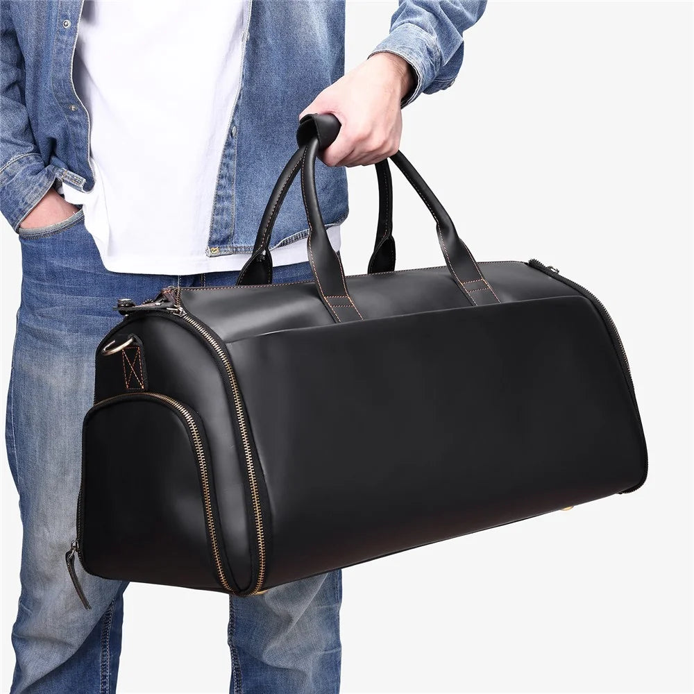 4026 Duffel Bag Genuine Cow Leather Travel Bag Large Capacity Sports Gym Bag with Shoulder Strap - Black - 4
