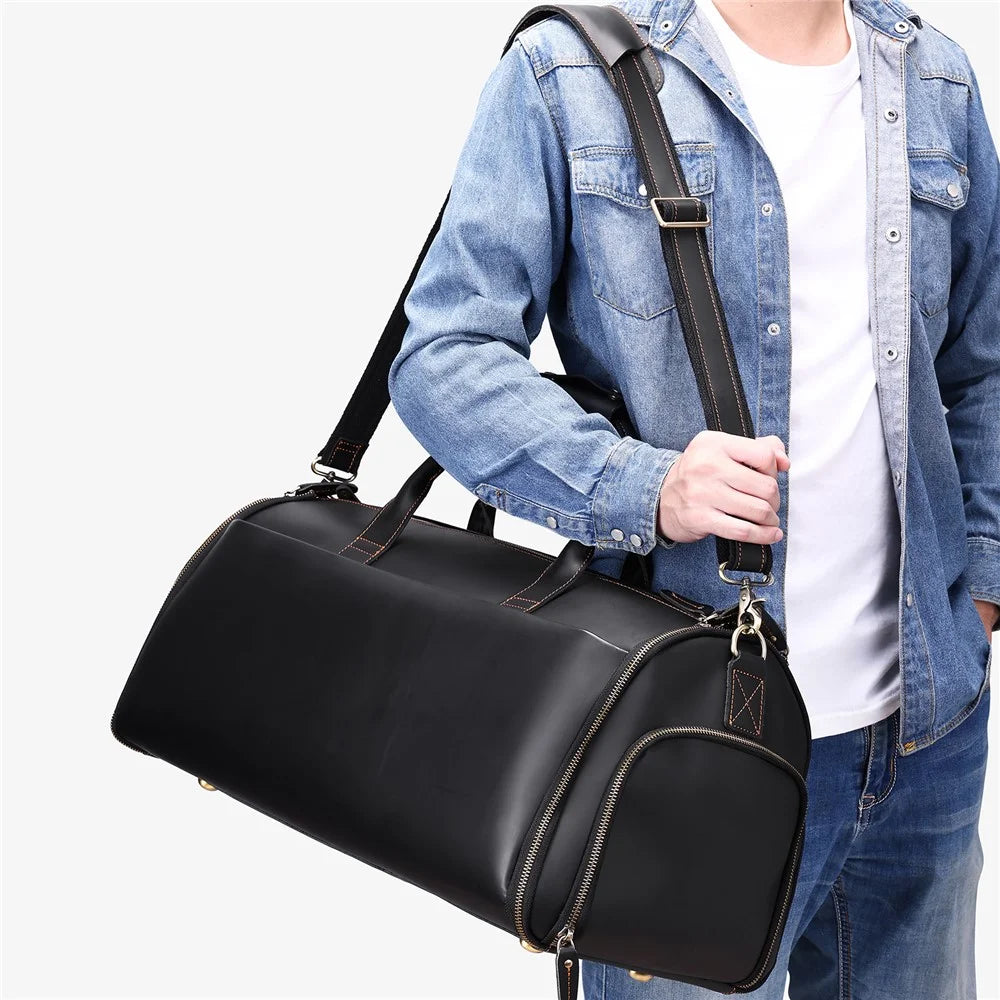 4026 Duffel Bag Genuine Cow Leather Travel Bag Large Capacity Sports Gym Bag with Shoulder Strap - Black - 5