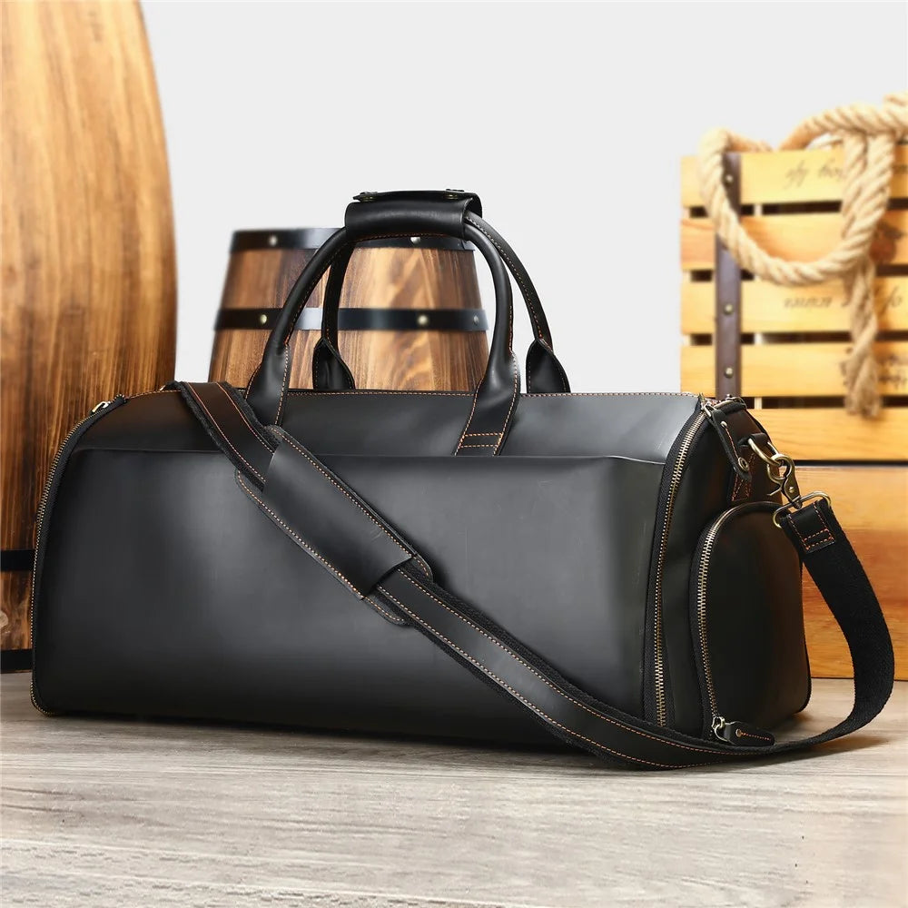 4026 Duffel Bag Genuine Cow Leather Travel Bag Large Capacity Sports Gym Bag with Shoulder Strap - Black - 6