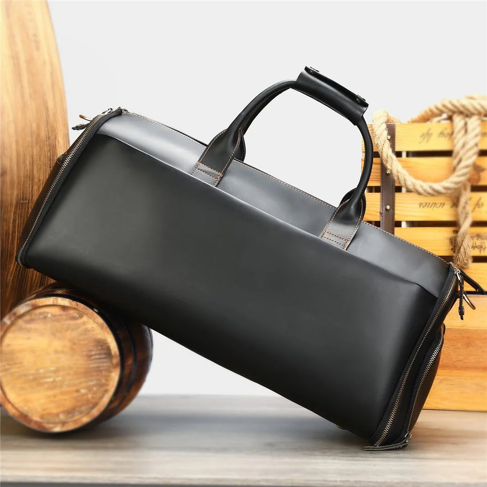 4026 Duffel Bag Genuine Cow Leather Travel Bag Large Capacity Sports Gym Bag with Shoulder Strap - Black - 7