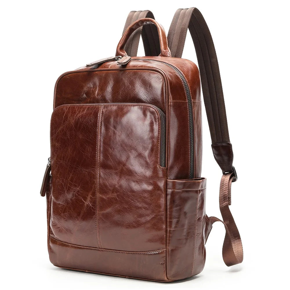 9196 Business Casual Backpack Genuine Cow Leather Laptop Bag Multi-compartment Travel Daypack - Coffee - 1