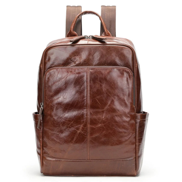 9196 Business Casual Backpack Genuine Cow Leather Laptop Bag Multi-compartment Travel Daypack - Coffee - 2
