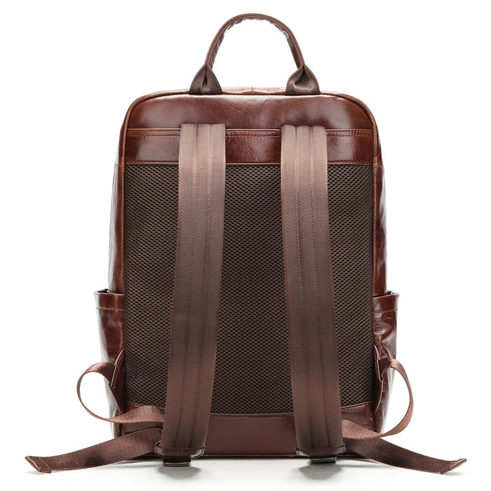 9196 Business Casual Backpack Genuine Cow Leather Laptop Bag Multi-compartment Travel Daypack - Coffee - 3