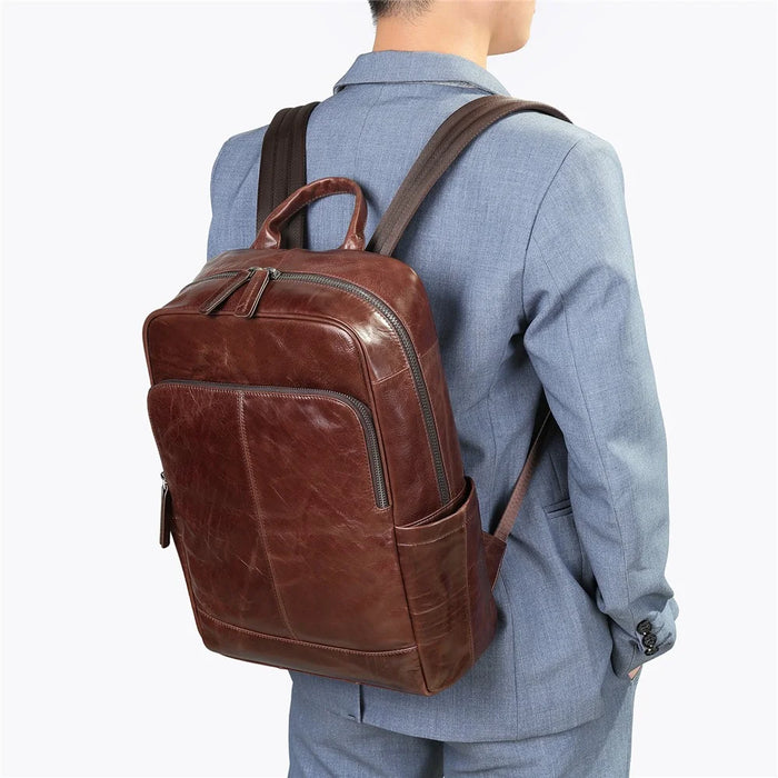 9196 Business Casual Backpack Genuine Cow Leather Laptop Bag Multi-compartment Travel Daypack - Coffee - 4