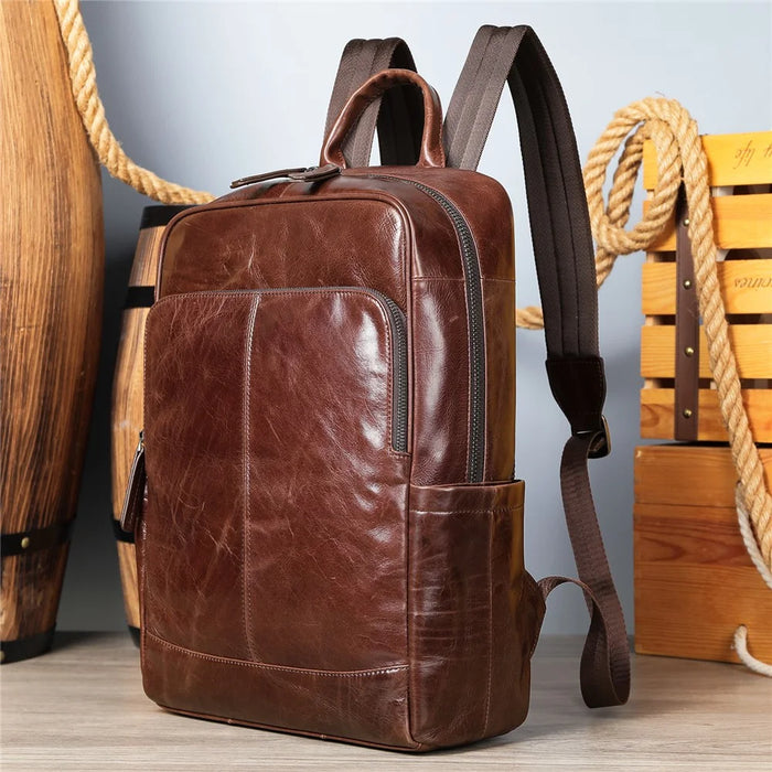 9196 Business Casual Backpack Genuine Cow Leather Laptop Bag Multi-compartment Travel Daypack - Coffee - 6