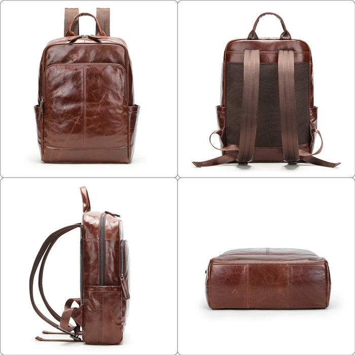 9196 Business Casual Backpack Genuine Cow Leather Laptop Bag Multi-compartment Travel Daypack - Coffee - 7